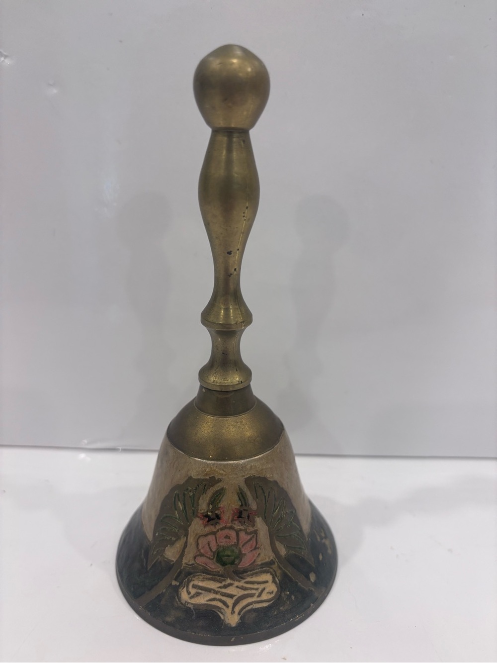 Vintage Made in India Hand Painted Brass Bell Floral Design Decorative Handbell